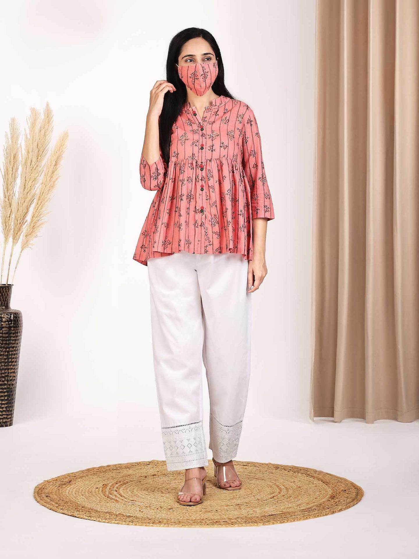 Women's Pink Floral Printed Peplum Top with Embroidery at Yoke Pure Cotton